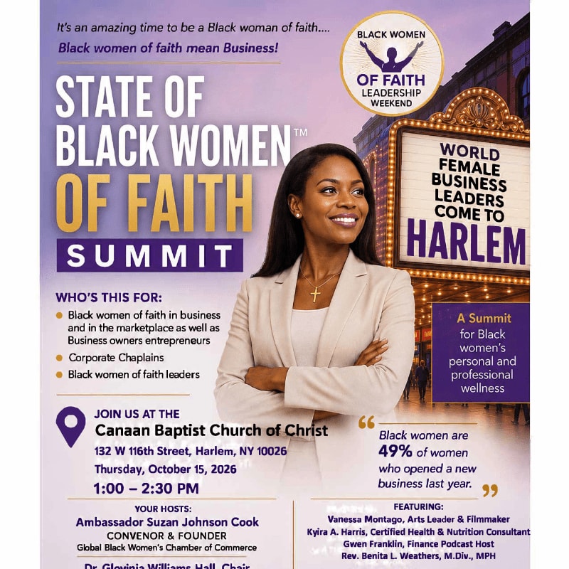 A confident Black woman in a suit stands in the foreground with a poster for the "State of Black Women of Faith Summit" in Harlem behind her.