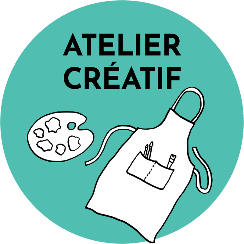 A white apron with art supplies and a palette are in the foreground against a teal circular background with the words "ATELIER CRÉATIF" at the top.