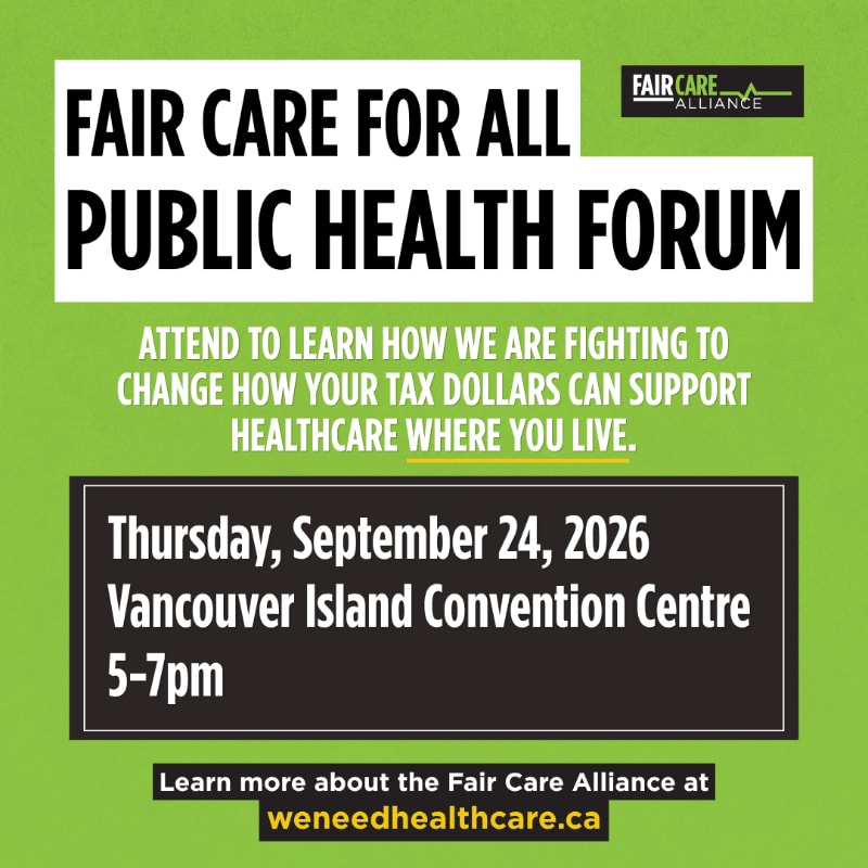 A green background frames a white and black poster advertising a "Fair Care for All Public Health Forum" with event details in the foreground and a logo in the background.