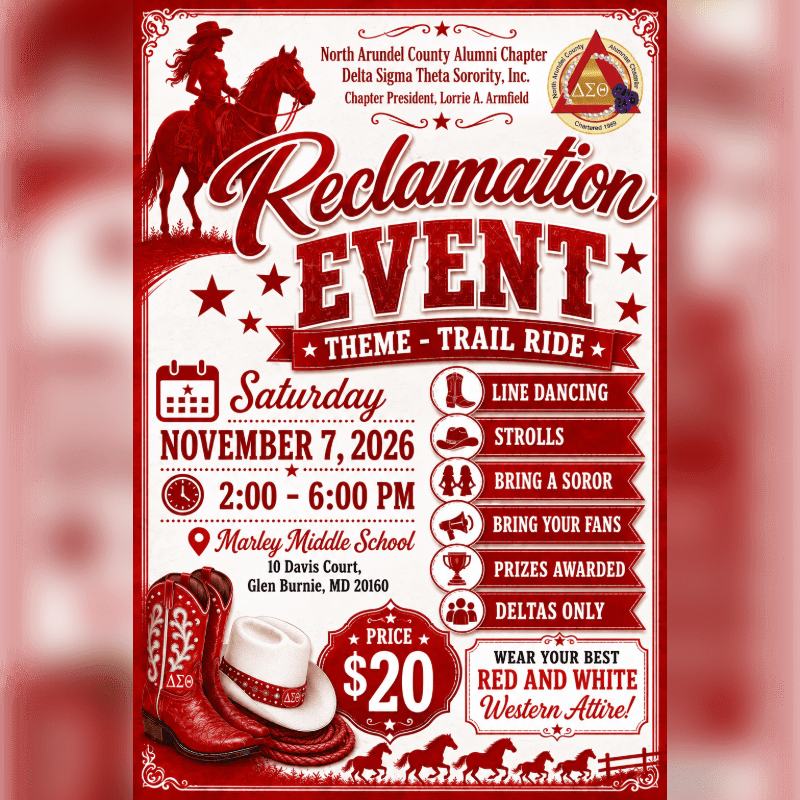A red and white flyer advertises a "Reclamation Event" with a "Trail Ride" theme, featuring a silhouette of two people on horseback in the upper left and cowboy boots and a hat in the lower left, against a background of red and white decorative elements and text detailing the event's date, time, location, activities, and cost.