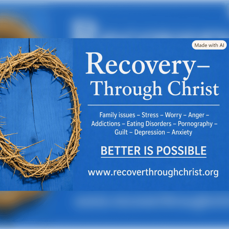 A thorny crown rests on a blue wooden surface in the foreground, while the background displays text about "Recovery Through Christ" and a website address.