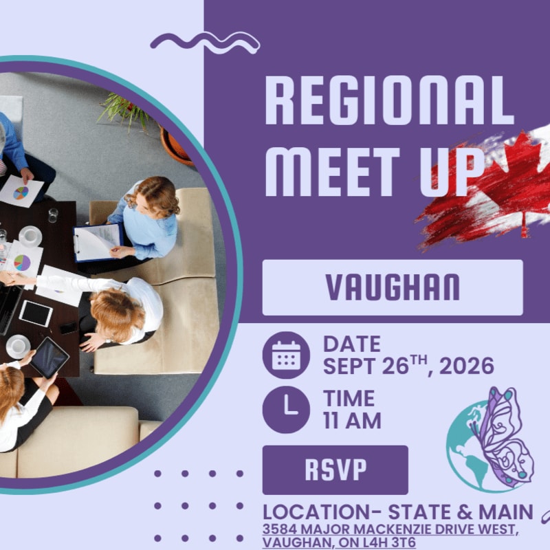 A group of people are gathered around a table in the foreground, while the background features text announcing a regional meet-up in Vaughan.