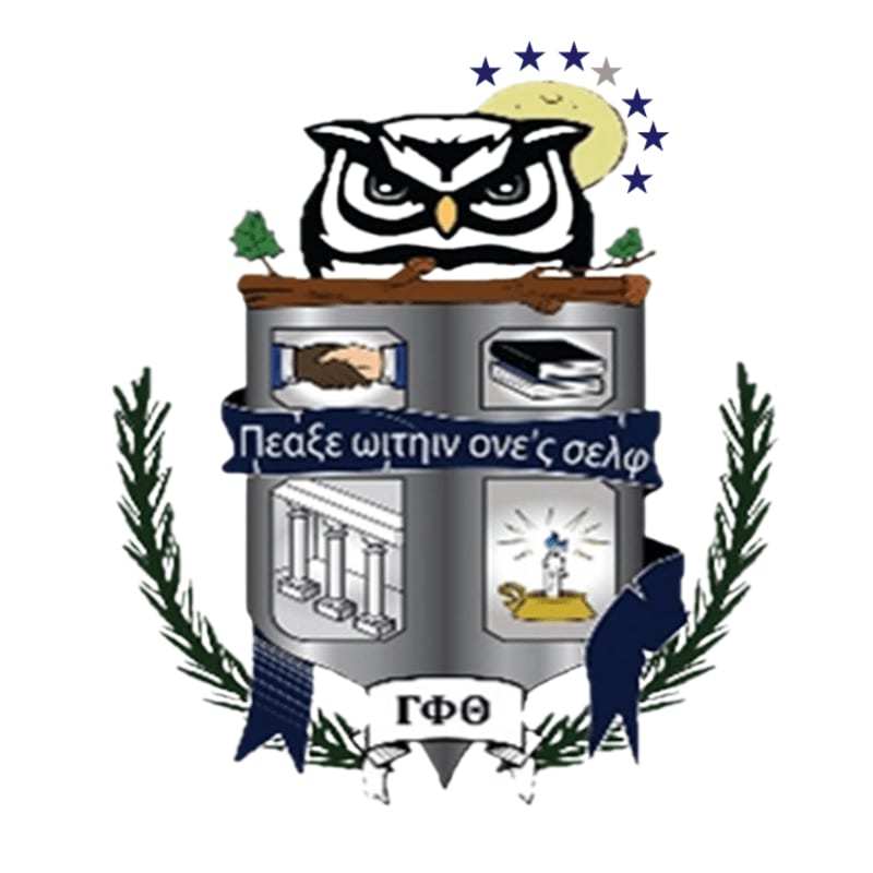 An owl perches above a crest featuring symbols of knowledge and peace, framed by laurel branches and a starry moon in the background.