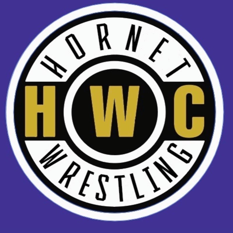 A circular logo with "HORNET WRESTLING" in white text on a black background is centered on a solid purple background.