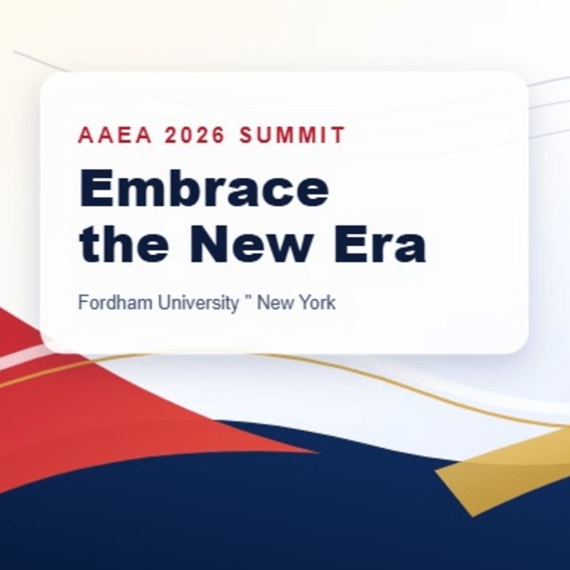 A white card with "AAEA 2026 SUMMIT Embrace the New Era Fordham University New York" floats above a background of abstract red, white, and blue shapes.