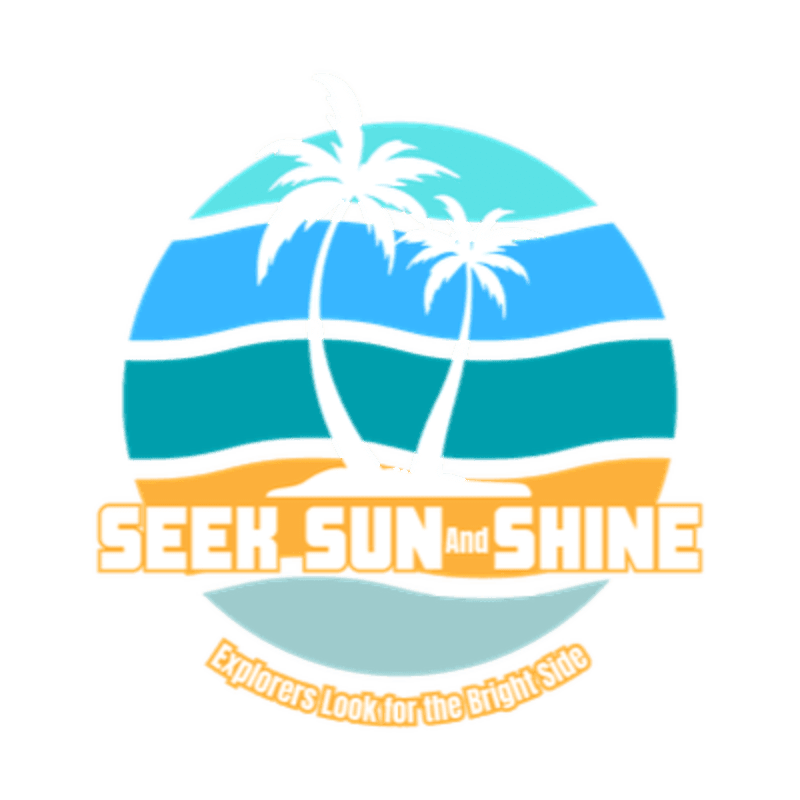 Two palm trees stand on a sandy beach in the foreground, with a circular background of blue and teal waves and a yellow sun.