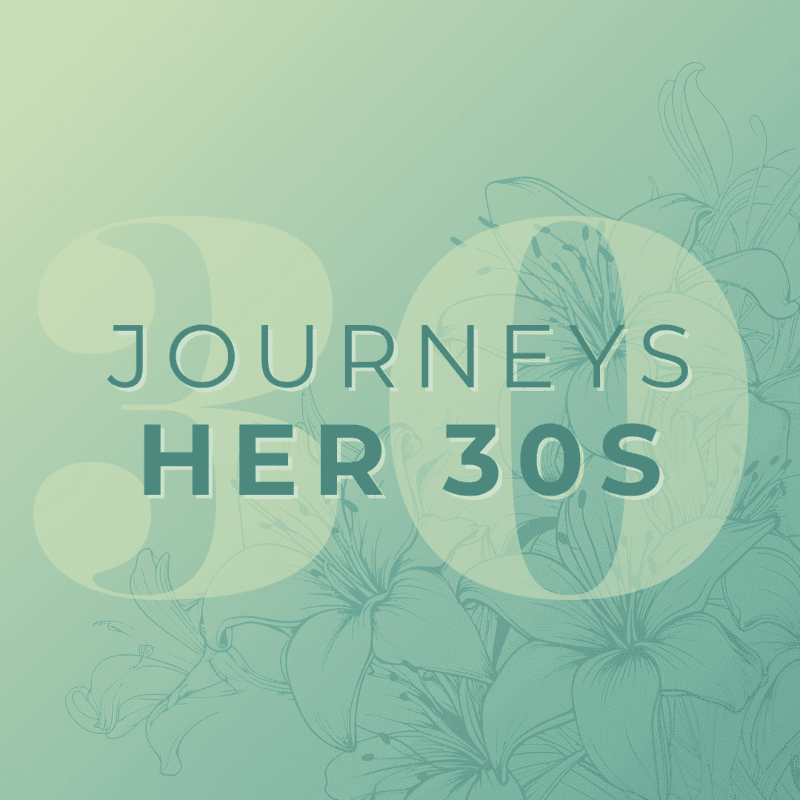 Large, translucent numbers "30" overlay text that reads "JOURNEYS HER 30S" in the foreground, with a soft, faded floral pattern in the background.