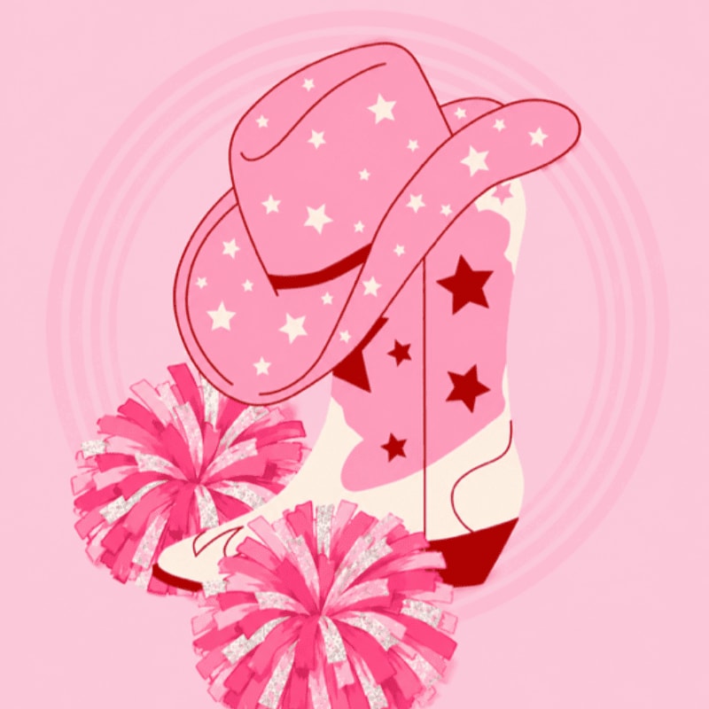 A pink cowboy hat and boot adorned with stars are in the foreground, with two pink pom-poms on either side, set against a soft pink background with concentric circles.