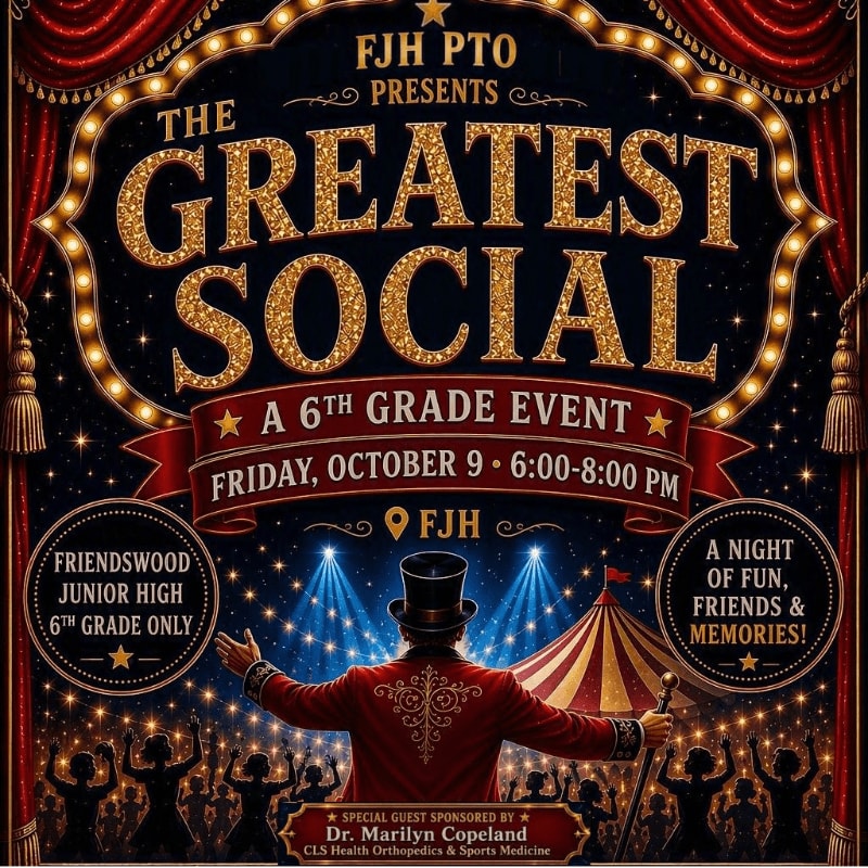 A ringmaster in a red jacket stands before a cheering crowd and a circus tent under a starry sky, advertising "The Greatest Social" for 6th graders.
