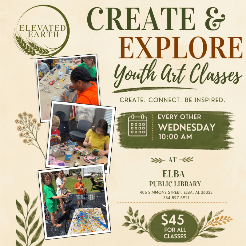 Three photos of children engaged in art activities are displayed on the left, with event details for "CREATE & EXPLORE Youth Art Classes" at Elba Public Library on the right, all set against a light brown, textured background with decorative green foliage.