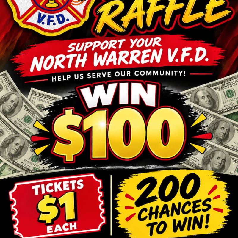 In the foreground, a raffle ticket is priced at $1 each with 200 chances to win, while the background features a bold "RAFFLE" banner and images of $100 bills.