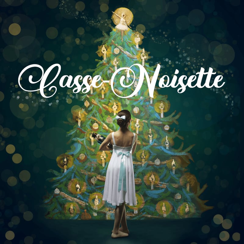 A young ballerina in a white dress stands before a decorated Christmas tree, with a dark, bokeh-filled background.