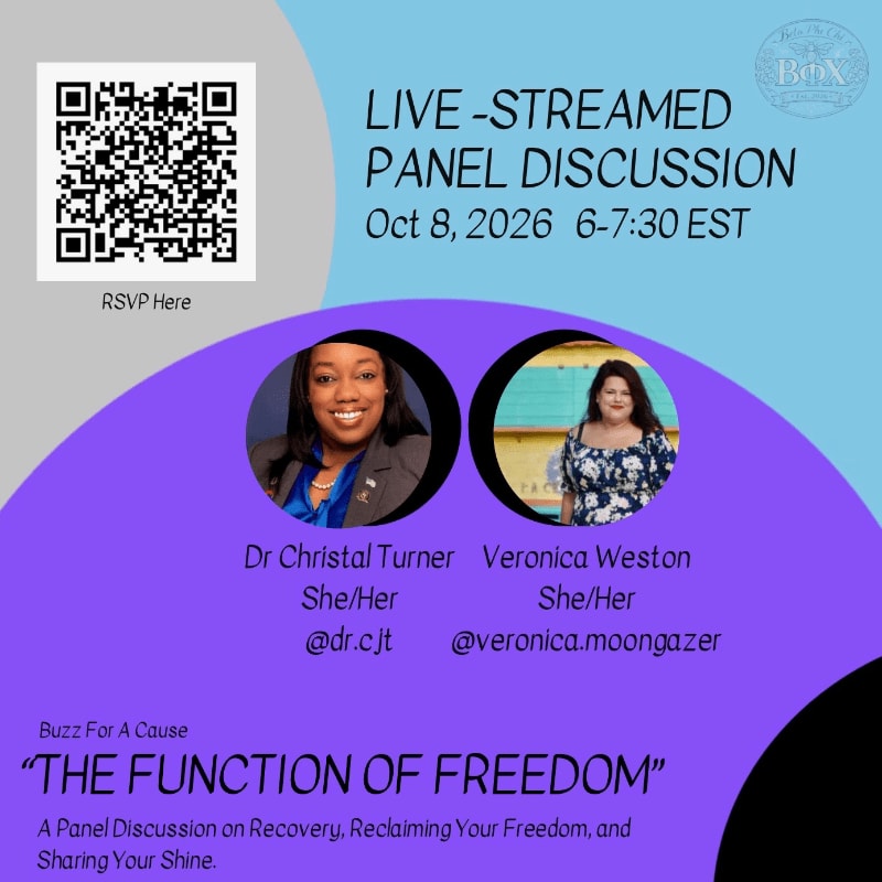 A QR code and event details for a live-streamed panel discussion titled "The Function of Freedom" are displayed against a light blue and purple background, featuring portraits of the speakers.
