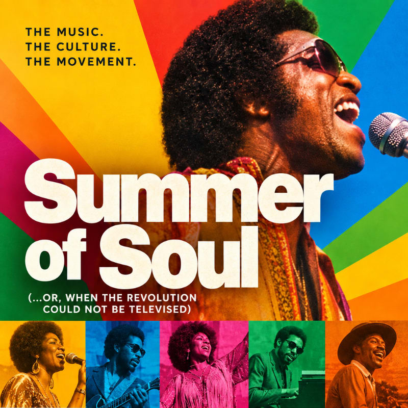 A close-up of a man singing into a microphone dominates the upper portion of the poster, set against a vibrant rainbow background, while smaller images of other performers are displayed in colorful panels below.