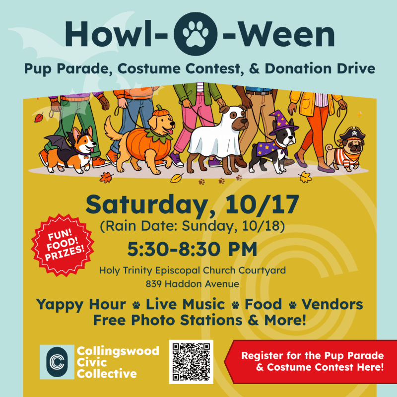 A vibrant poster advertises a "Howl-o-Ween" event featuring a parade of costumed dogs in the foreground, with event details and sponsor logos in the background.