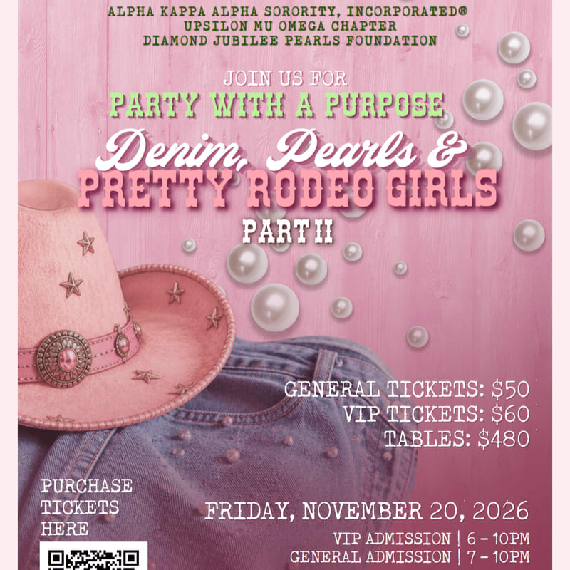 A pink cowboy hat and denim jeans are in the foreground, with a pink wooden background adorned with pearls and event details.