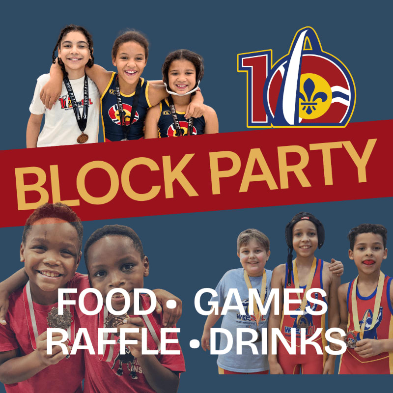 Four smiling children, two in the foreground wearing medals and two in the background wearing wrestling singlets, pose in front of a red banner that reads "BLOCK PARTY" and a logo.