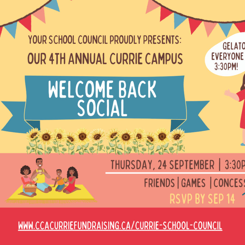 A colorful invitation for a "Welcome Back Social" features a family having a picnic in the foreground and a banner with event details in the background.