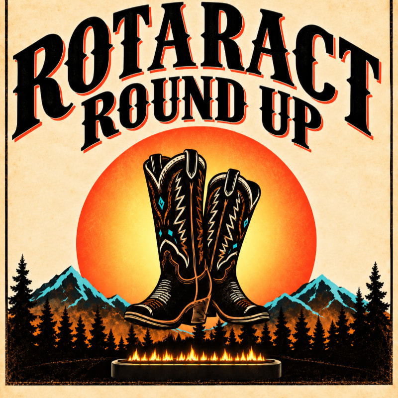 A pair of ornate cowboy boots stands in the foreground over a small fire, silhouetted against a large, glowing sun and distant mountains, with the words "Rotaract Round Up" emblazoned above.