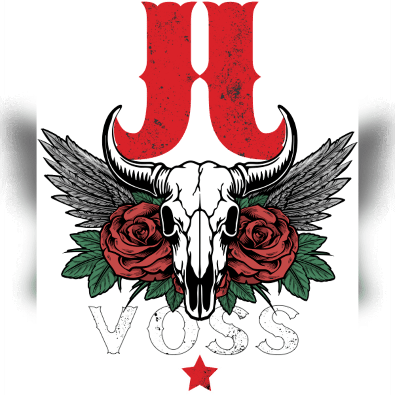 A bull skull with wings and roses is centered in the foreground, with the letters "JR" in red above and "VOSS" in white below, all against a white background.