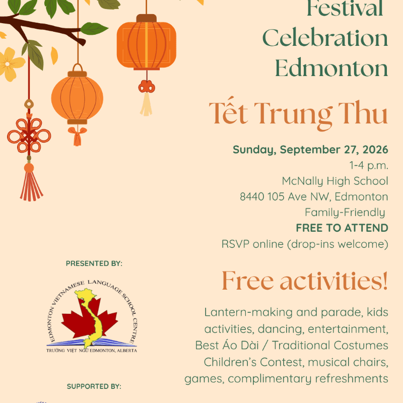 Orange lanterns hang from a tree branch in the foreground, while the background displays event details for the "Tết Trung Thu Festival Celebration Edmonton."