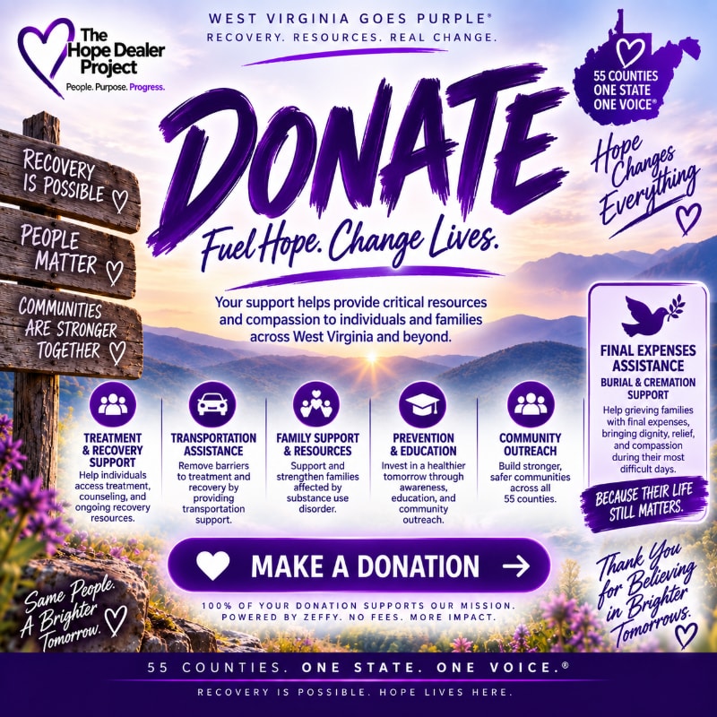 In the foreground, a purple and white graphic displays donation information and support services, while the background features a scenic sunset over rolling hills.