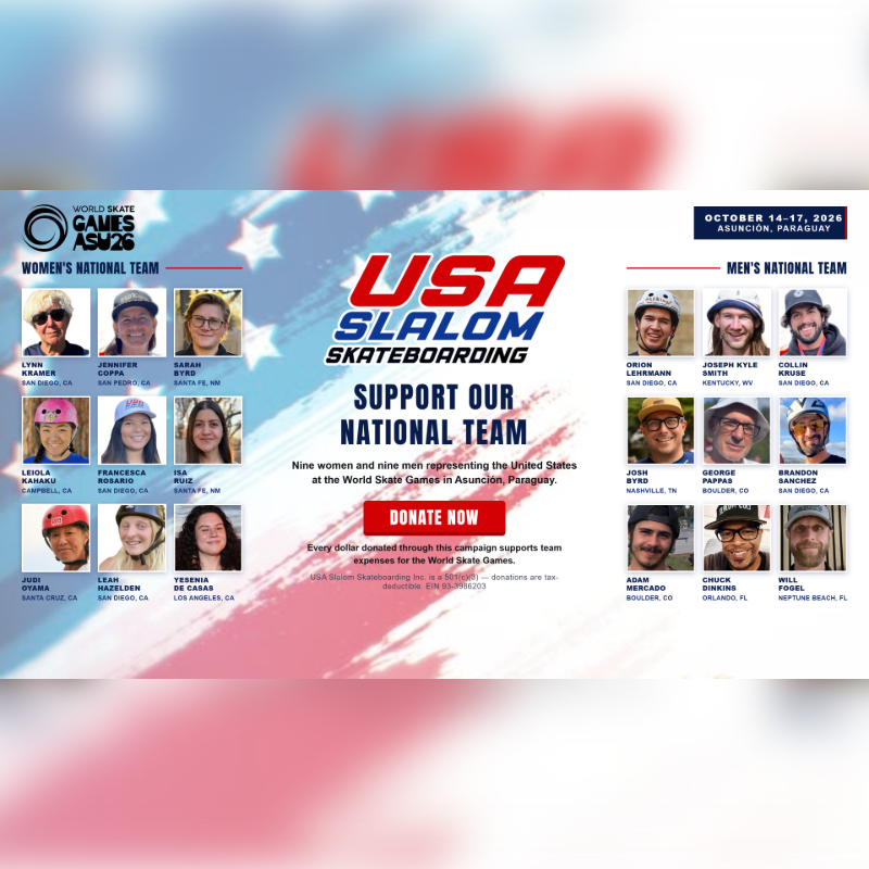 A promotional poster for the USA Slalom Skateboarding National Team features portraits of the women's and men's teams in the foreground against a background of the World Skate Games logo and event details.