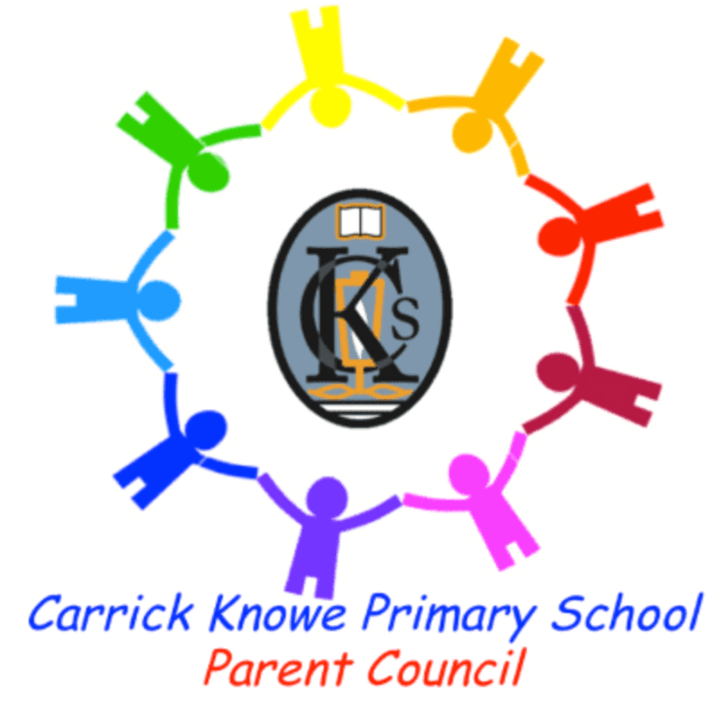 A circle of colorful stick figures holding hands surrounds a school crest, with the text "Carrick Knowe Primary School Parent Council" below.