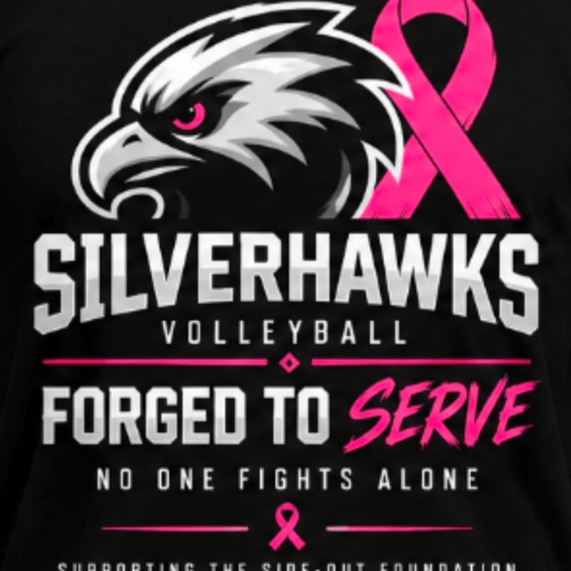 A fierce eagle with a pink ribbon is emblazoned above the words "SILVERHAWKS VOLLEYBALL FORGED TO SERVE NO ONE FIGHTS ALONE" on a black background.