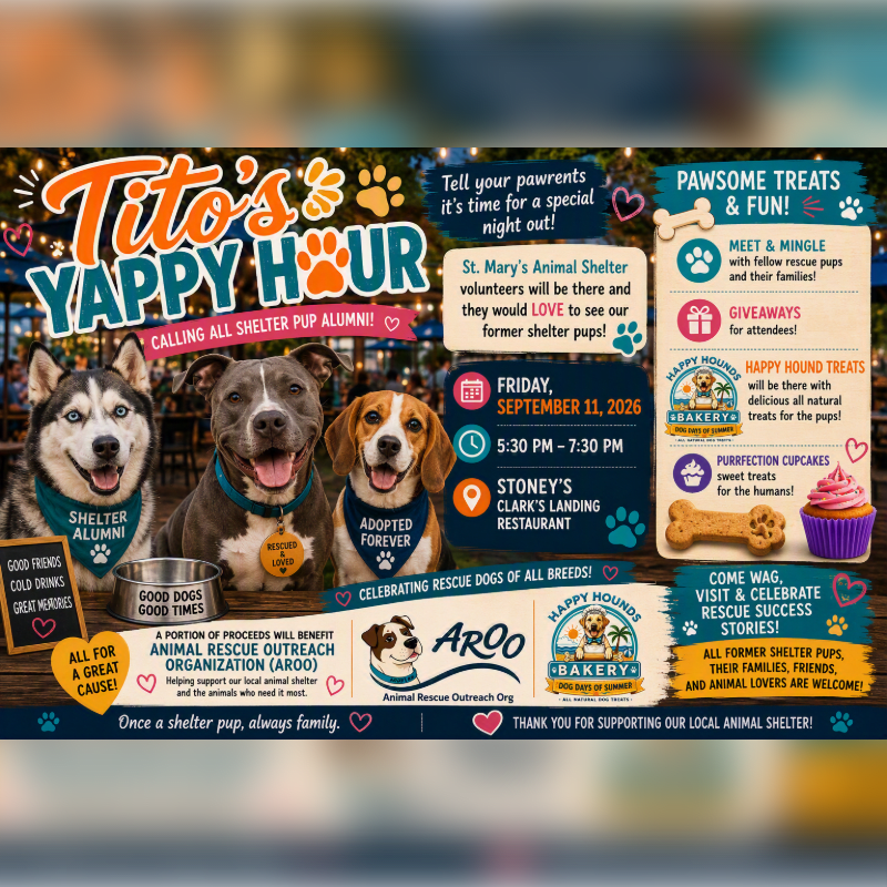 Three happy dogs are featured in the foreground of a flyer advertising "Tito's Yappy Hour," a fundraising event for animal rescue, with event details and logos in the background.