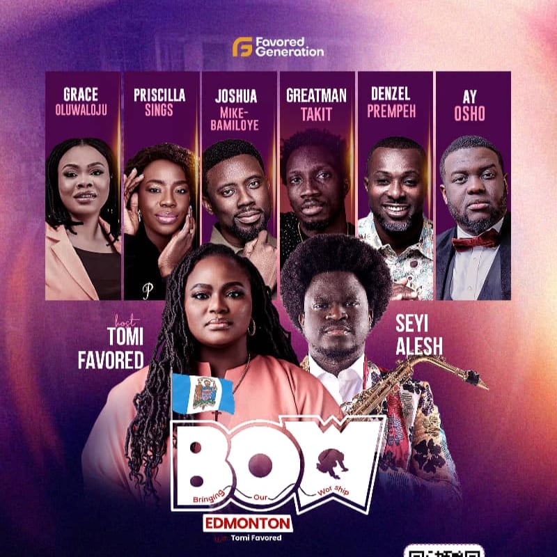 A group of seven singers are featured in the foreground, with the event title "BOW EDMONTON" prominently displayed below them, against a purple and pink gradient background.