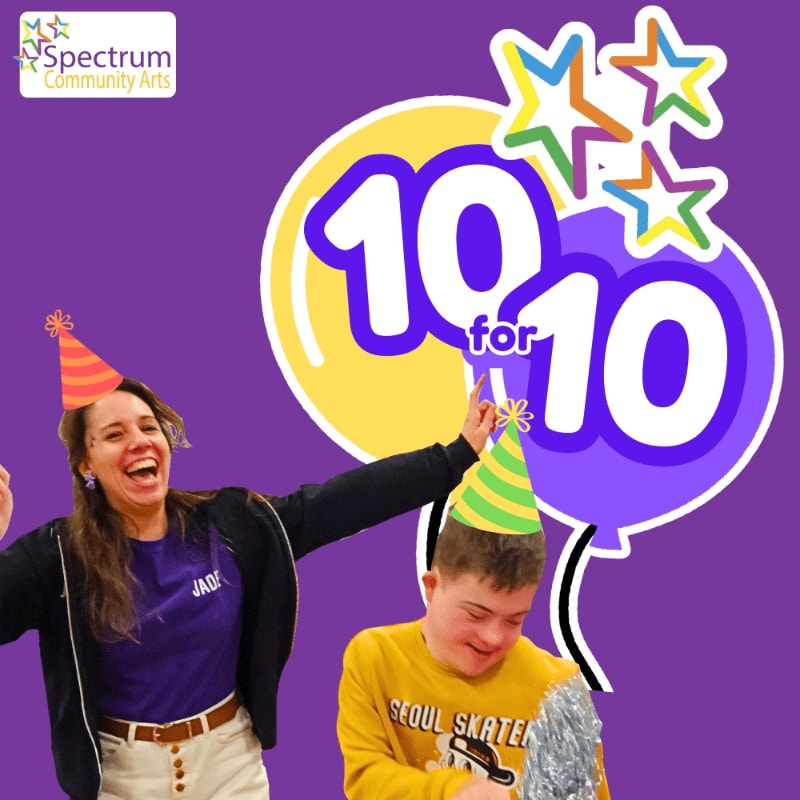 A woman and a boy wearing party hats celebrate in front of a purple background with balloons and stars that say "10 for 10".
