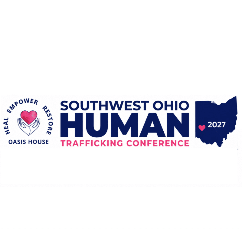 A logo for the Southwest Ohio Human Trafficking Conference features a heart within hands on the left, the conference title in the center, and an outline of Ohio with "2027" on the right.
