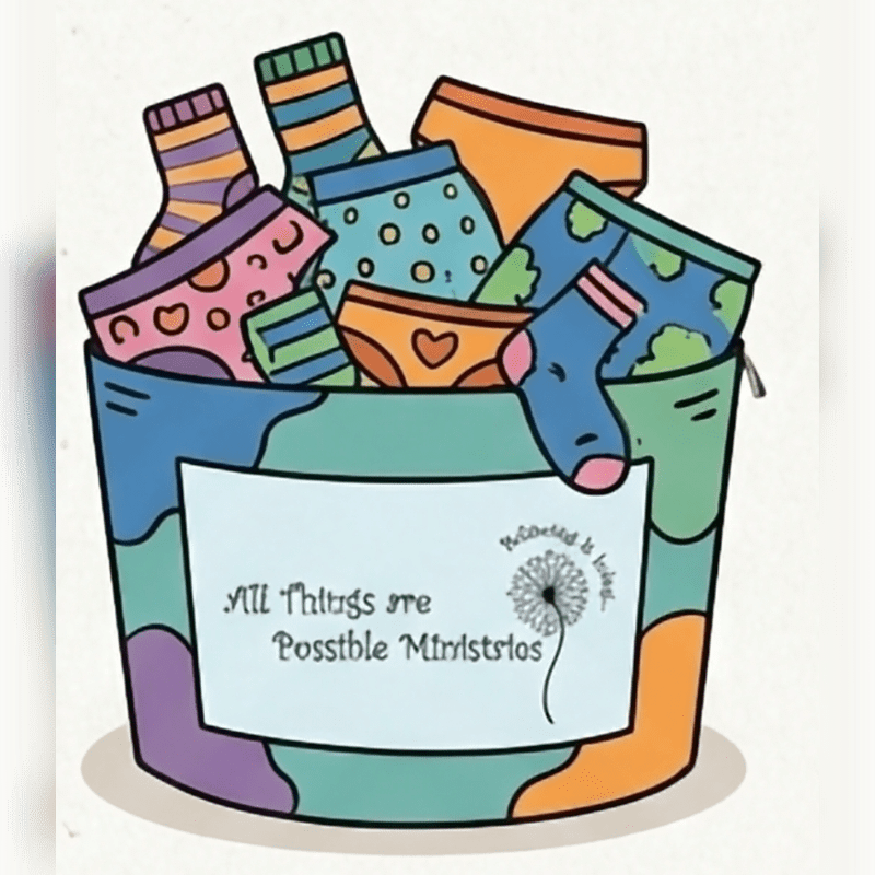 A colorful bucket overflows with various socks and underwear in the foreground, set against a plain white background.