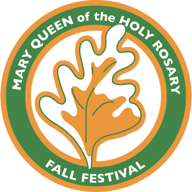 An orange oak leaf is centered on a white background, surrounded by a green and orange circular border with text reading "MARY QUEEN of the HOLY ROSARY FALL FESTIVAL."