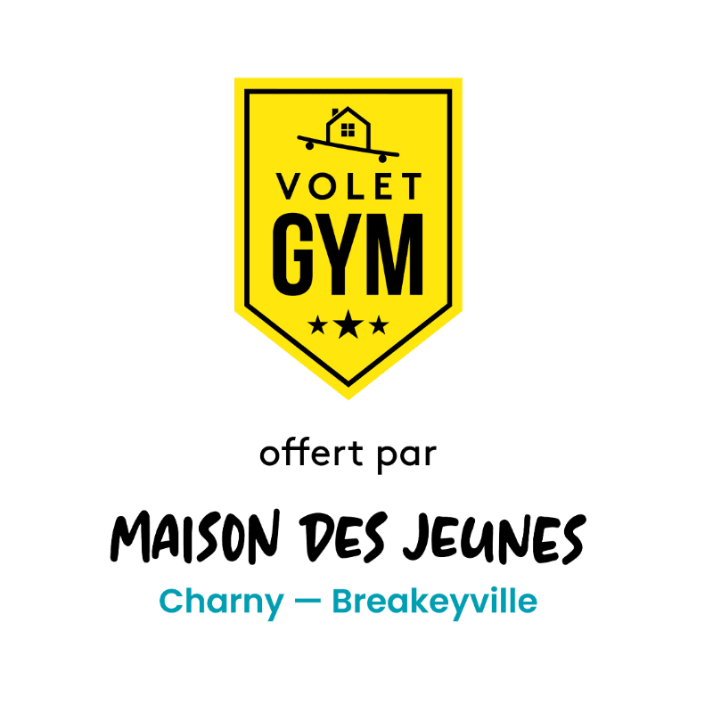 A yellow shield logo with "VOLET GYM" and stars is in the foreground, with "offert par MAISON DES JEUNES" and location details in the background on a white canvas.