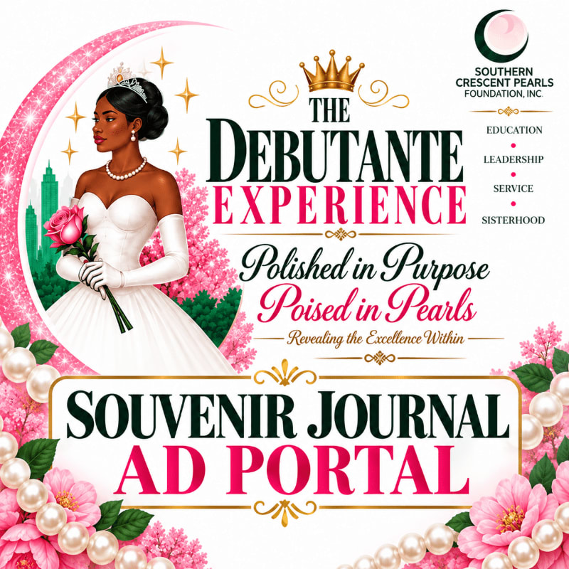 A debutante in a white gown holding a pink bouquet stands against a pink crescent moon and cityscape, with "The Debutante Experience" and "Souvenir Journal Ad Portal" text prominently displayed, framed by pearls and pink flowers.