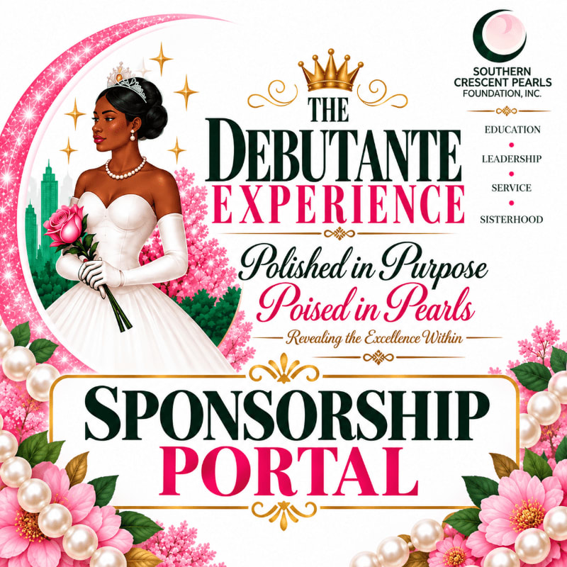 A young woman in a white gown and tiara holds a pink bouquet in the foreground, while the background features the title "The Debutante Experience" and "Sponsorship Portal" with decorative pearls and flowers.