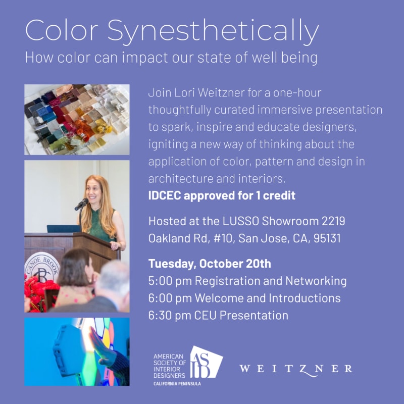 A presentation about color synesthesia is advertised with images of color swatches, a speaker, and abstract art in the foreground, set against a purple background with event details.
