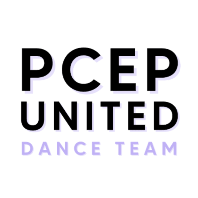 Bold black text spelling "PCEP UNITED" is layered over a white background with "DANCE TEAM" in a lighter purple font below.