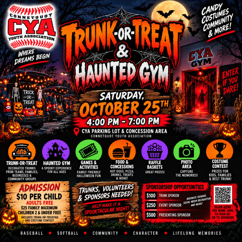 Decorated car trunks with pumpkins and Halloween decorations fill the foreground, while a spooky haunted gym entrance with a large moon and bats looms in the background.