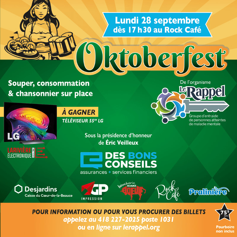 A stylized woman with pretzels and beer steins is in the upper left foreground, while the background is a vibrant orange poster advertising an Oktoberfest event with sponsor logos and event details.