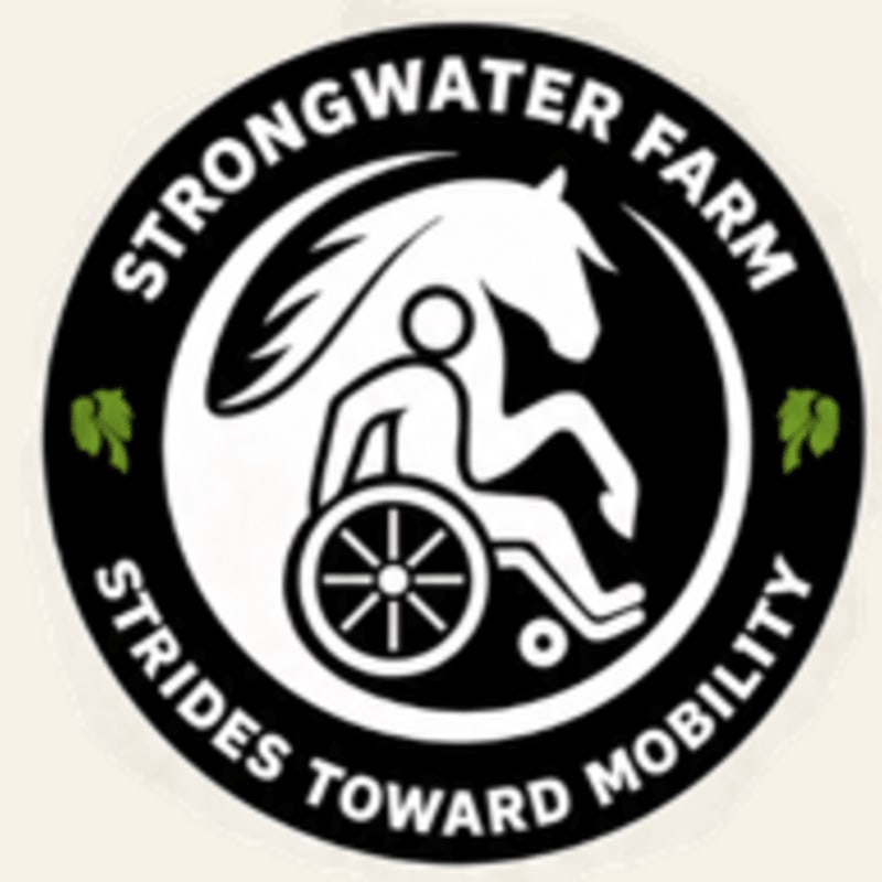 A circular logo with a horse and rider in a wheelchair in the center, surrounded by text and small green leaves, is set against a light beige background.