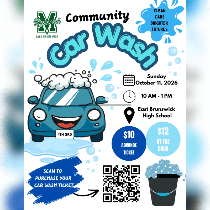 A cartoon car covered in suds is in the foreground, with event details for a community car wash in the background.