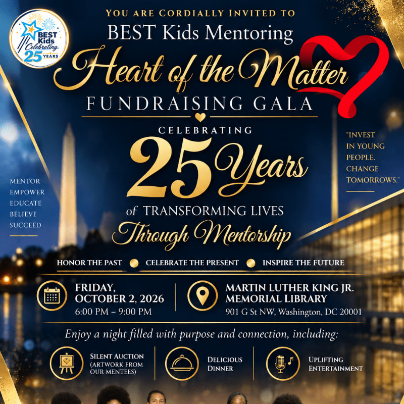 A fundraising gala invitation for BEST Kids Mentoring's "Heart of the Matter" event is displayed against a blurred background of a city skyline at night.