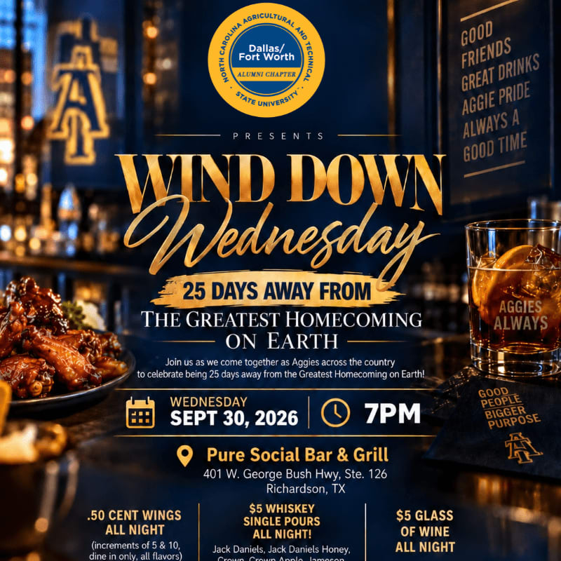 A plate of chicken wings and a whiskey cocktail are in the foreground, with a poster advertising "Wind Down Wednesday" and homecoming details in the background.