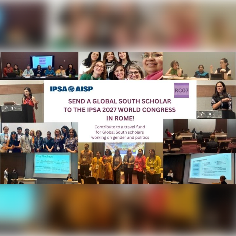 A collage of photos from a conference, featuring speakers at podiums and groups of attendees, is overlaid with text promoting a travel fund for Global South scholars attending the IPSA 2027 World Congress in Rome.