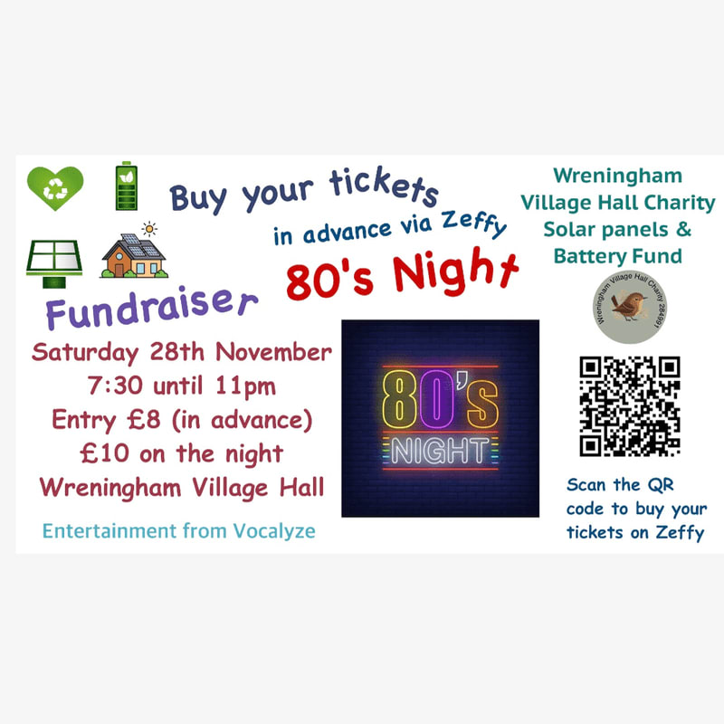A flyer for an 80's Night fundraiser at Wreningham Village Hall is displayed with event details in the foreground and a QR code for tickets in the background.