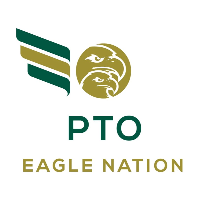 Two stylized eagles are depicted within a gold circle in the foreground, with green and gold wings extending to the left, all set against a white background with the text "PTO EAGLE NATION" below.