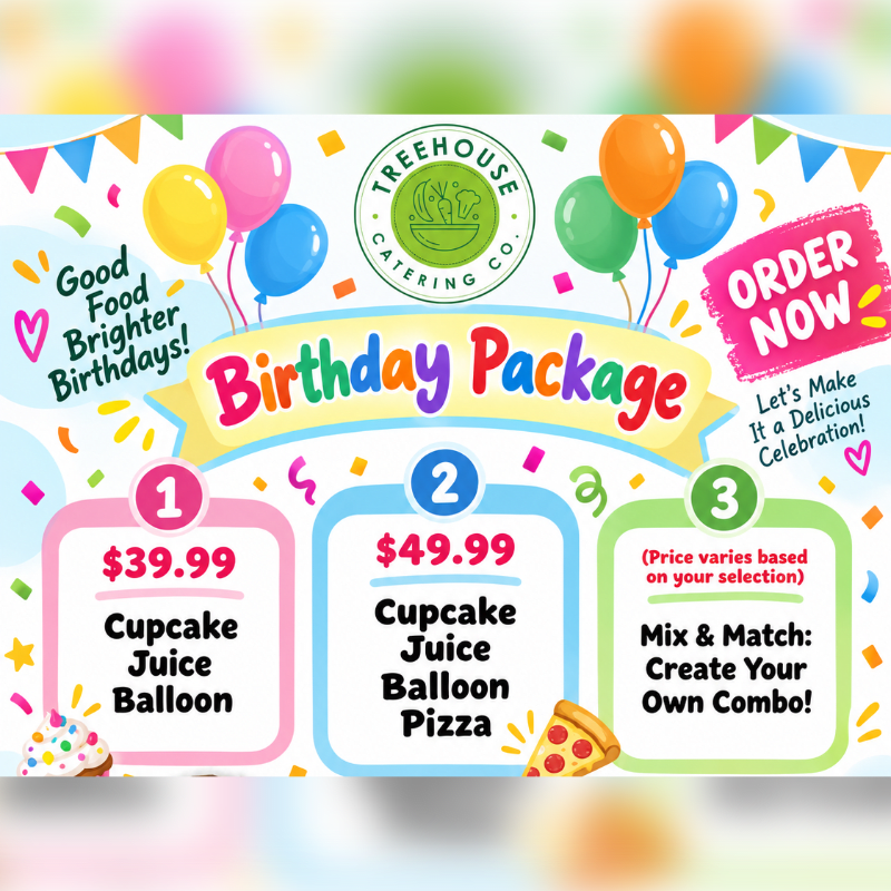 Colorful balloons and confetti frame a birthday package menu with three pricing options, including cupcakes, juice, balloons, and pizza, against a blurred background.